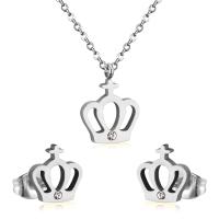 Fashion Stainless Steel Jewelry Sets Stud Earring & necklace 304 Stainless Steel Crown Vacuum Ion Plating fashion jewelry & micro pave cubic zirconia & for woman & hollow 11*12mm 9*10mm Length Approx 17.72 Inch Sold By Set