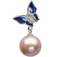 925 Sterling Silver Pearl Necklace, with Freshwater Pearl, Butterfly, plated, for woman & enamel & with rhinestone, silver color, 17x13mm, Length:45 cm, Sold By PC