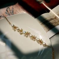 Bransolety z hodowlanych pereł słodkowodnych, Mosiądz, ze Perła naturalna słodkowodna, ze 1.2 przedłużeniami łańcuszka, biżuteria moda & dla kobiety, złoty, sprzedawane na 16 cm Strand