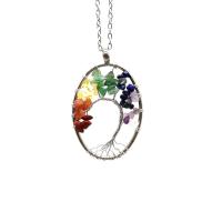Natural Gemstone Necklace Natural Stone with Brass & Iron with 1.97Inch extender chain Oval platinum color plated tree of life design & for woman 50mm Length Approx 18.9 Inch Sold By PC