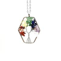 Natural Gemstone Necklace Natural Stone with Brass & Iron with 1.97Inch extender chain Polygon platinum color plated tree of life design & for woman 50mm Length Approx 18.9 Inch Sold By PC