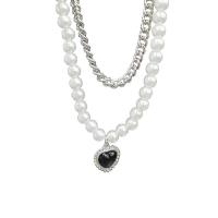 Collar de perlas de plástico, aleación de zinc, con Perlas plásticas, con 1.96inch extender cadena, Corazón, chapado en color de platina, Doble capa & para mujer, longitud aproximado 17 Inch, aproximado 14.1 Inch, Vendido por UD