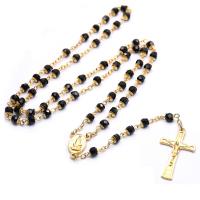 Rosary Necklace, Glass, with Tibetan Style, Cross, gold color plated, Unisex, mixed colors, 160mm, Length:20.47 Inch, Sold By PC