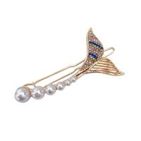 Hair Clip Zinc Alloy with Plastic Pearl Mermaid tail gold color plated for woman & with rhinestone & hollow 66mm Sold By PC