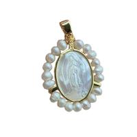 Natural White Shell Pendants with Freshwater Pearl & Brass Round gold color plated DIY golden Sold By PC