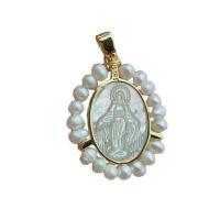 Natural White Shell Pendants with Freshwater Pearl & Brass Round gold color plated DIY & for woman white Sold By PC