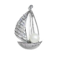 Cubic Zirconia Brooch Brass with Shell Pearl Sail Boat plated Unisex & micro pave cubic zirconia & hollow nickel lead & cadmium free Sold By Lot
