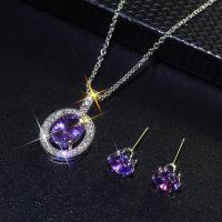 Cubic Zirconia Micro Pave Zinc Alloy Jewelry Sets Stud Earring & necklace with Cubic Zirconia silver color plated 2 pieces & for woman purple nickel lead & cadmium free Sold By Set