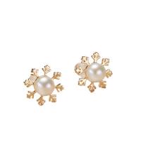 925 Sterling Silver Stud Earring with Freshwater Pearl sterling silver post pin for woman golden 6-7mm Sold By Pair