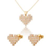 Cubic Zirconia Micro Pave Brass Jewelry Sets Stud Earring & necklace Heart gold color plated fashion jewelry & Unisex & micro pave cubic zirconia golden nickel lead & cadmium free 16.3*11.4mm 9.8mm Length Approx 17.72 Inch Sold By Set