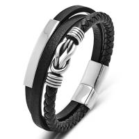PU Leather Cord Bracelets with 304 Stainless Steel Round silver color plated & for man black Sold By PC