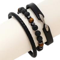 Cowhide Bracelet Set with PU Leather & Lava & Zinc Alloy Round silver color plated three pieces & fashion jewelry & Unisex black 225mm 50-60mm 210mm Sold By Set