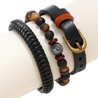 Cowhide Bracelet Set with PU Leather & Wax Cord & Wood & Zinc Alloy Round plated Adjustable & three pieces & fashion jewelry & Unisex black 50-60mm 240mm Sold By Set