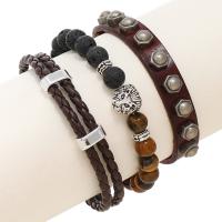 Cowhide Bracelet Set with PU Leather & Lava & Tiger Eye & Zinc Alloy Round silver color plated three pieces & fashion jewelry & Unisex henna 210mm 50-60mm 240mm Sold By Set