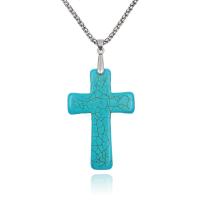 Turquoise Sweater Chain Necklace Natural Turquoise Cross polished fashion jewelry & Unisex & lantern chain light blue Sold Per 60 cm Strand