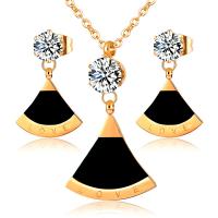 Fashion Stainless Steel Jewelry Sets Stud Earring & necklace 304 Stainless Steel with Black Shell & White Shell with 5cm extender chain Fan plated fashion jewelry & for woman & with rhinestone Length 45 cm Sold By Set