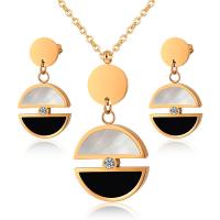 Fashion Stainless Steel Jewelry Sets Stud Earring & necklace 304 Stainless Steel with Black Shell & White Shell with 5cm extender chain Round plated fashion jewelry & for woman & with rhinestone 20mm 15mm Length 45 cm Sold By Set