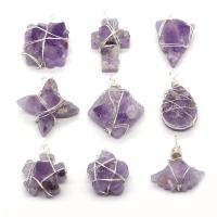 Quartz Gemstone Pendants Amethyst with brass wire irregular silver color plated DIY purple 20-30mm Sold By PC