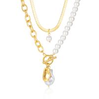 Natural Freshwater Pearl Necklace 304 Stainless Steel with Freshwater Pearl with 2.36inch extender chain Vacuum Ion Plating Double Layer & fashion jewelry & for woman 22mm Length Approx 17.72 Inch Approx 15.35 Inch Sold By PC
