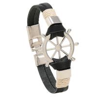 Cowhide Bracelet with Zinc Alloy Ship Wheel silver color plated fashion jewelry & for man black 10mm Length 20.5 cm Sold By PC