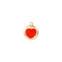 Μενταγιόν Brass Heart, Ορείχαλκος, Flat Γύρος, χρώμα επίχρυσο, σμάλτο, κόκκινος, 8.20x8.20mm, Sold Με PC