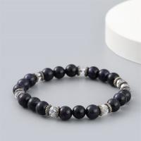 Natural Blue Goldstone Bracelets with Crystal & Zinc Alloy Round silver color plated elastic & for man blue 8mm Length 18-20 cm Sold By PC