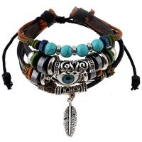 Cowhide Bracelet with turquoise & Linen & Zinc Alloy with 9-10cmX2 extender chain Feather plated Adjustable & fashion jewelry & multilayer mixed colors Length Approx 17 cm Sold By PC