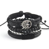 Cowhide Bracelet with Linen & PU Leather & Wood & Zinc Alloy with 8-9cm*2 extender chain Tree silver color plated 4 pieces & fashion jewelry & for man black Length 17-18 cm Sold By Set