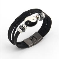Leather Cord Bracelet with Zinc Alloy plated fashion jewelry & multilayer & for man & enamel black Length 22 cm Sold By PC