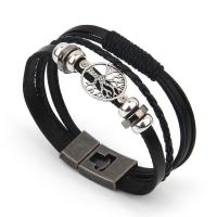 Leather Cord Bracelet with Zinc Alloy Tree plated fashion jewelry & multilayer & for man black Length 22 cm Sold By PC