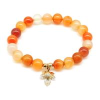 Red Agate Bracelets with Brass Maple Leaf gold color plated for woman 8mm Length 7.5 Inch Sold By PC