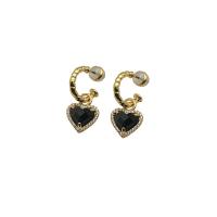 Cubic Zircon (CZ) Drop Earring Brass Heart gold color plated for woman & with cubic zirconia black 30mm Sold By Pair