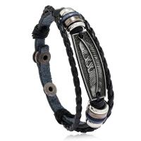 PU Leather Cord Bracelets with Split Layer Cowhide Leather & Wood & Iron & Zinc Alloy Feather plated Adjustable & fashion jewelry & for man mixed colors 6mm Length 22 cm Sold By PC