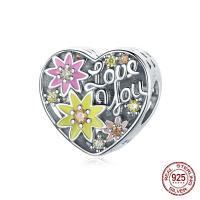 925 Sterling Silver European Beads Heart platinum color plated micro pave cubic zirconia & enamel & hollow multi-colored Sold By PC
