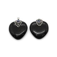 Black Agate Pendants with Rhinestone Clay Pave & Resin & Brass Heart silver color plated DIY black Sold By PC