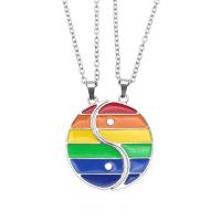 Zinc Alloy Puzzle Couple Necklace silver color plated 2 pieces & fashion jewelry & oval chain & enamel rainbow colors Length 50 cm Sold By Set