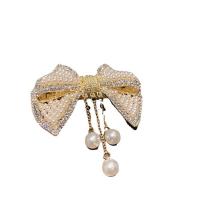 Hair Barrettes Zinc Alloy with Plastic Pearl Bowknot gold color plated Korean style & for woman & with rhinestone Sold By PC
