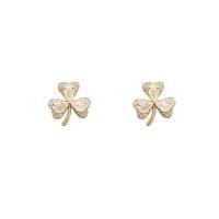 Cubic Zirconia Micro Pave Brass Earring Three Leaf Clover high quality gold color plated fashion jewelry & micro pave cubic zirconia & for woman golden nickel lead & cadmium free Sold By Pair