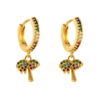 Brass Huggie Hoop Drop Earring Palm Tree gold color plated micro pave cubic zirconia & for woman multi-colored Sold By Pair