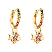 Brass Huggie Hoop Drop Earring Fish gold color plated micro pave cubic zirconia & for woman multi-colored Sold By Pair