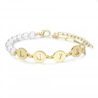 Brass Bracelet with Plastic Pearl with 1.97 extender chain Alphabet Letter gold color plated for woman golden nickel lead & cadmium free Length 6.7 Inch Sold By PC