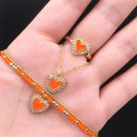 Cubic Zirconia Micro Pave Brass Jewelry Sets finger ring & bracelet & necklace gold color plated micro pave cubic zirconia & for woman & enamel orange Sold By PC