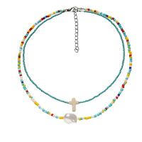 Glass Seed Beads Necklace with turquoise & Glass Pearl & Zinc Alloy Double Layer & for woman Length Approx 14-18 Inch Sold By Set