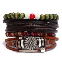 Cowhide Bracelet with Linen & Wood & Copper Coated Plastic & Zinc Alloy 4 pieces & fashion jewelry & Unisex multi-colored Sold By Set