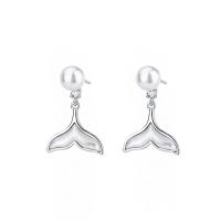 925 Sterling Silver Drop &  Dangle Earrings with Shell Pearl & Shell Mermaid tail plated polished & for woman Sold By Pair