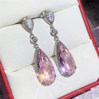 Cubic Zircon (CZ) Drop Earring Brass platinum color plated micro pave cubic zirconia & for woman pink Sold By Pair