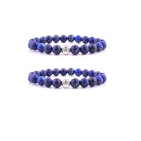 Naturalnego Lapis Lazuli bransoletki, ze Stop cynku, Koło, Platerowane w kolorze srebra, elastyczne & dla obu płci, niebieski, 8mm, długość 7.5 cal, sprzedane przez PC