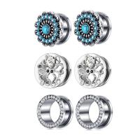 304 Stainless Steel Piercing Tunnel polished 6 pieces & fashion jewelry & with rhinestone silver color Sold By Set