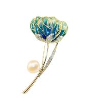 Freshwater Pearl Brooch Brass with Freshwater Pearl Lotus gold color plated Hand-Painted Enamel Glaze & micro pave cubic zirconia & for woman nickel lead & cadmium free Sold By Lot