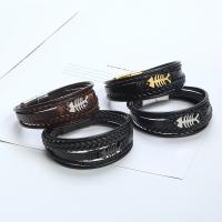 PU Leather Cord Bracelets with Titanium Steel Fish Bone plated vintage & multilayer & for man Length 21.5 cm Sold By PC